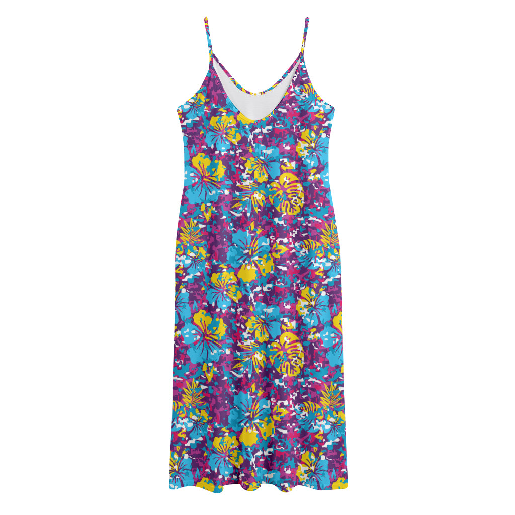 Colorful Aloha Camouflage Flower Print Jersey Midi Cami Dress