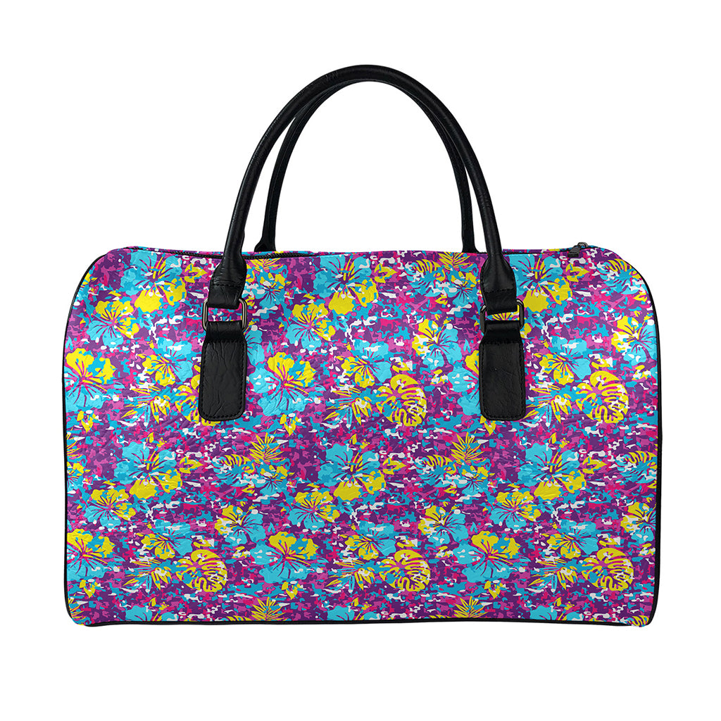 Colorful Aloha Camouflage Flower Print Leather Duffle Bag