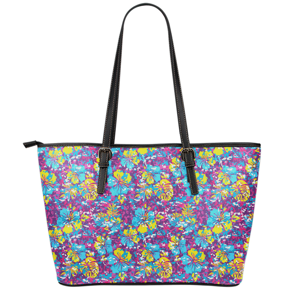 Colorful Aloha Camouflage Flower Print Leather Tote Bag