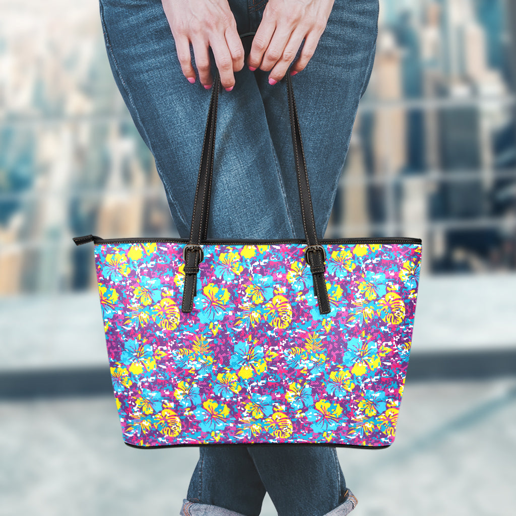 Colorful Aloha Camouflage Flower Print Leather Tote Bag