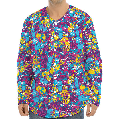 Colorful Aloha Camouflage Flower Print Long Sleeve Baseball Jersey