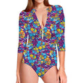 Colorful Aloha Camouflage Flower Print Long Sleeve Swimsuit