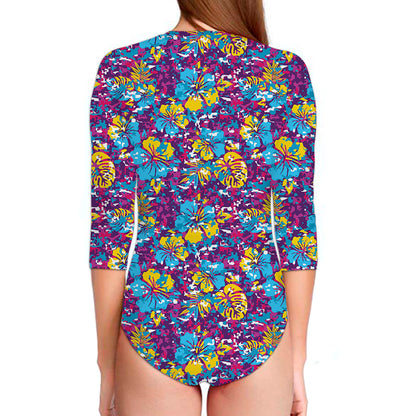 Colorful Aloha Camouflage Flower Print Long Sleeve Swimsuit
