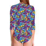 Colorful Aloha Camouflage Flower Print Long Sleeve Swimsuit