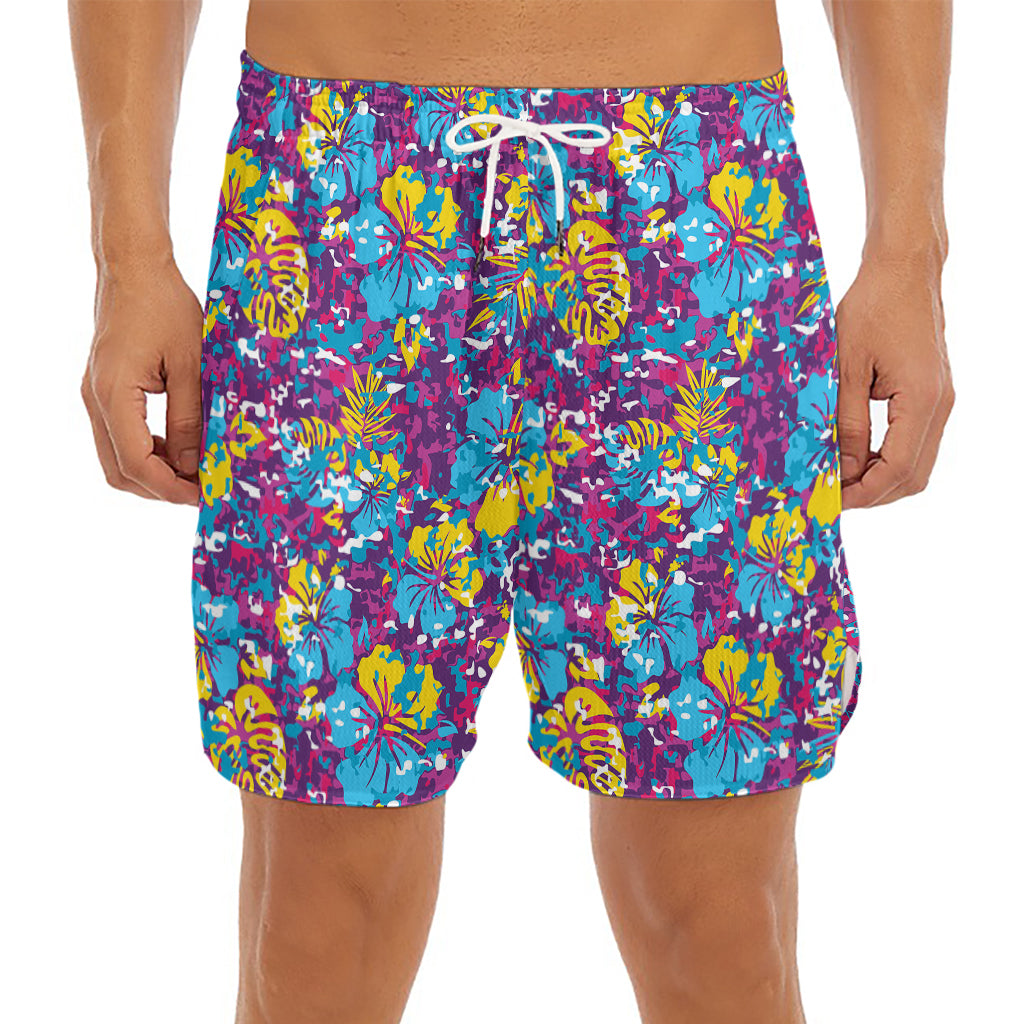 Colorful Aloha Camouflage Flower Print Men's Split Running Shorts