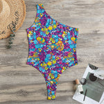Colorful Aloha Camouflage Flower Print One Shoulder Bodysuit