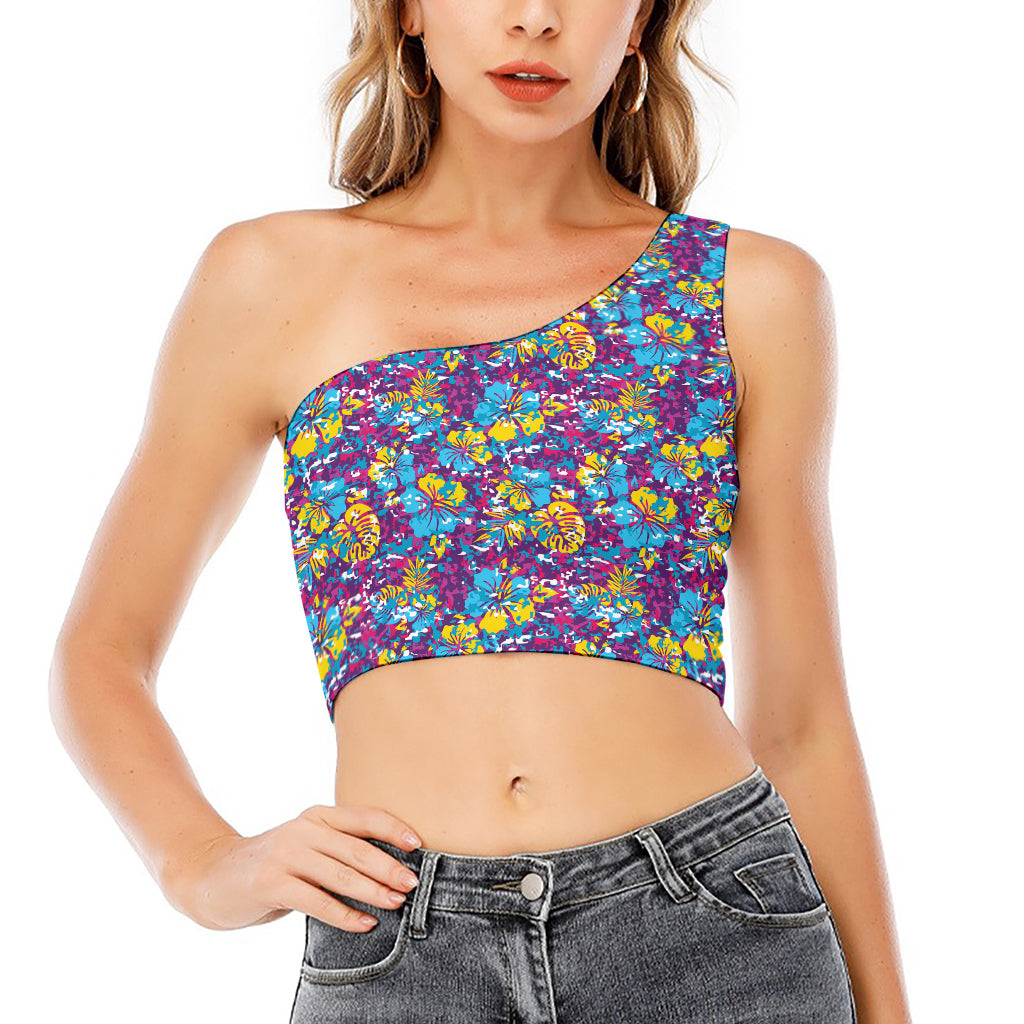 Colorful Aloha Camouflage Flower Print One Shoulder Crop Top