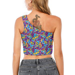 Colorful Aloha Camouflage Flower Print One Shoulder Crop Top