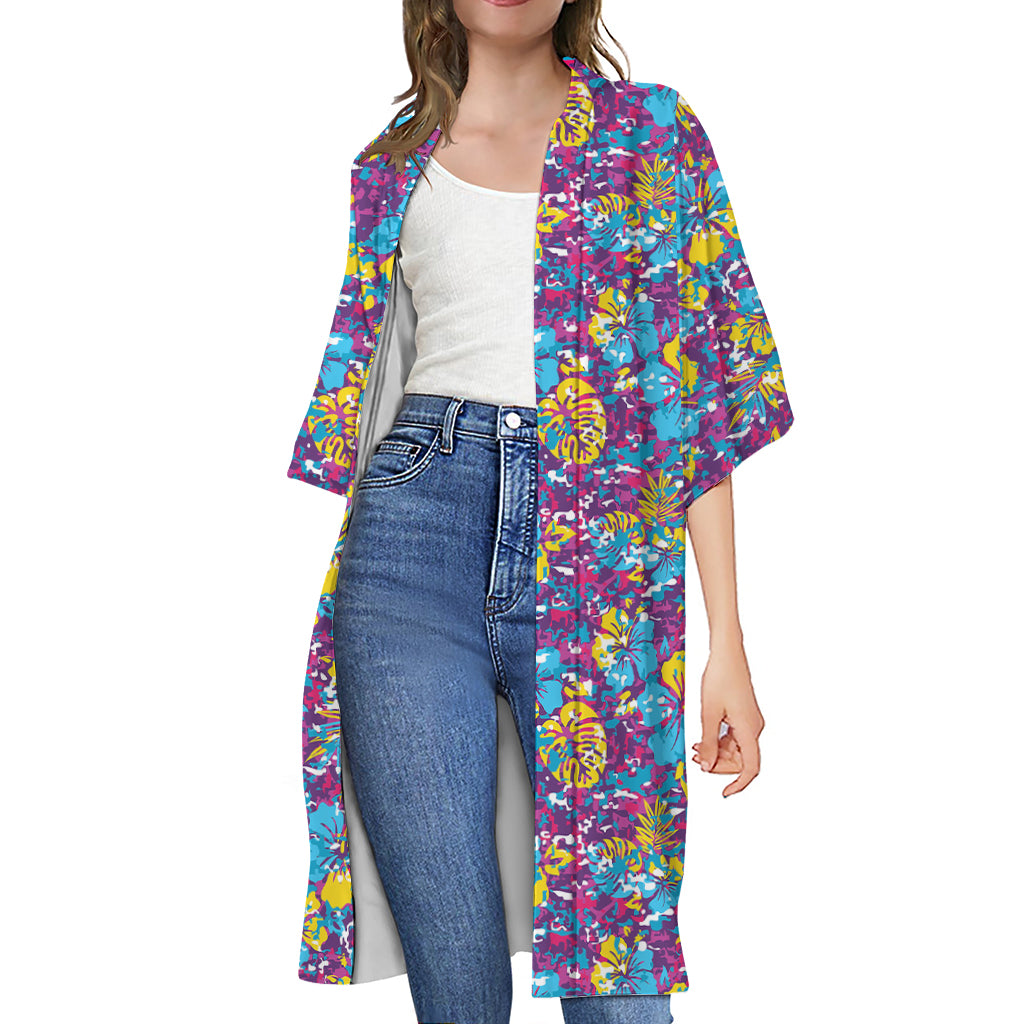 Colorful Aloha Camouflage Flower Print Open Front Beach Cover Up