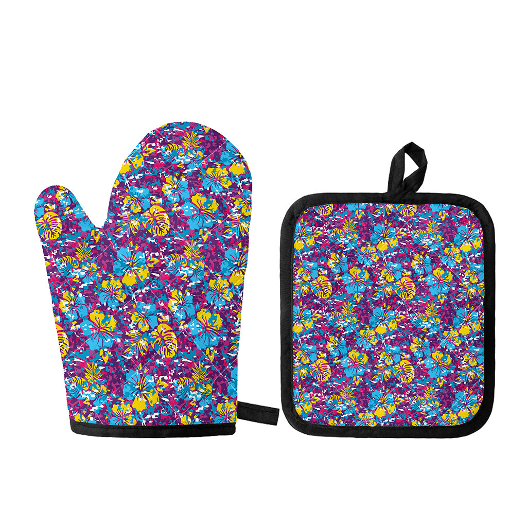 Colorful Aloha Camouflage Flower Print Oven Mitt And Pot Holder Set