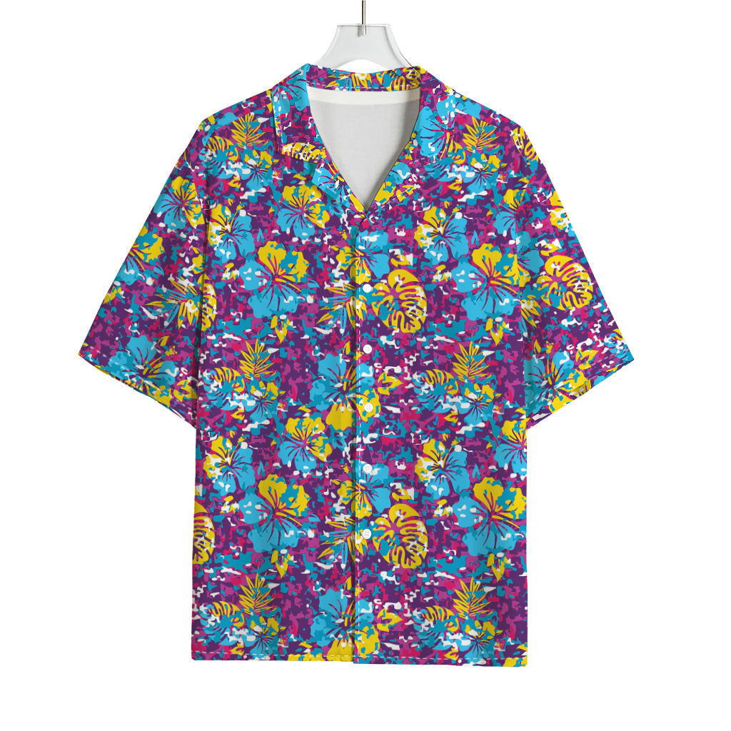 Colorful Aloha Camouflage Flower Print Rayon Hawaiian Shirt