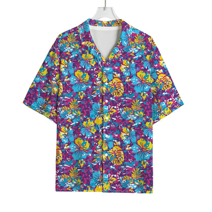 Colorful Aloha Camouflage Flower Print Rayon Hawaiian Shirt