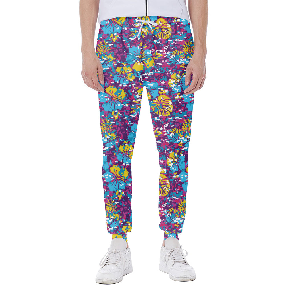 Colorful Aloha Camouflage Flower Print Scuba Joggers