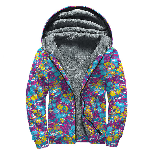 Colorful Aloha Camouflage Flower Print Sherpa Lined Zip Up Hoodie
