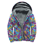 Colorful Aloha Camouflage Flower Print Sherpa Lined Zip Up Hoodie