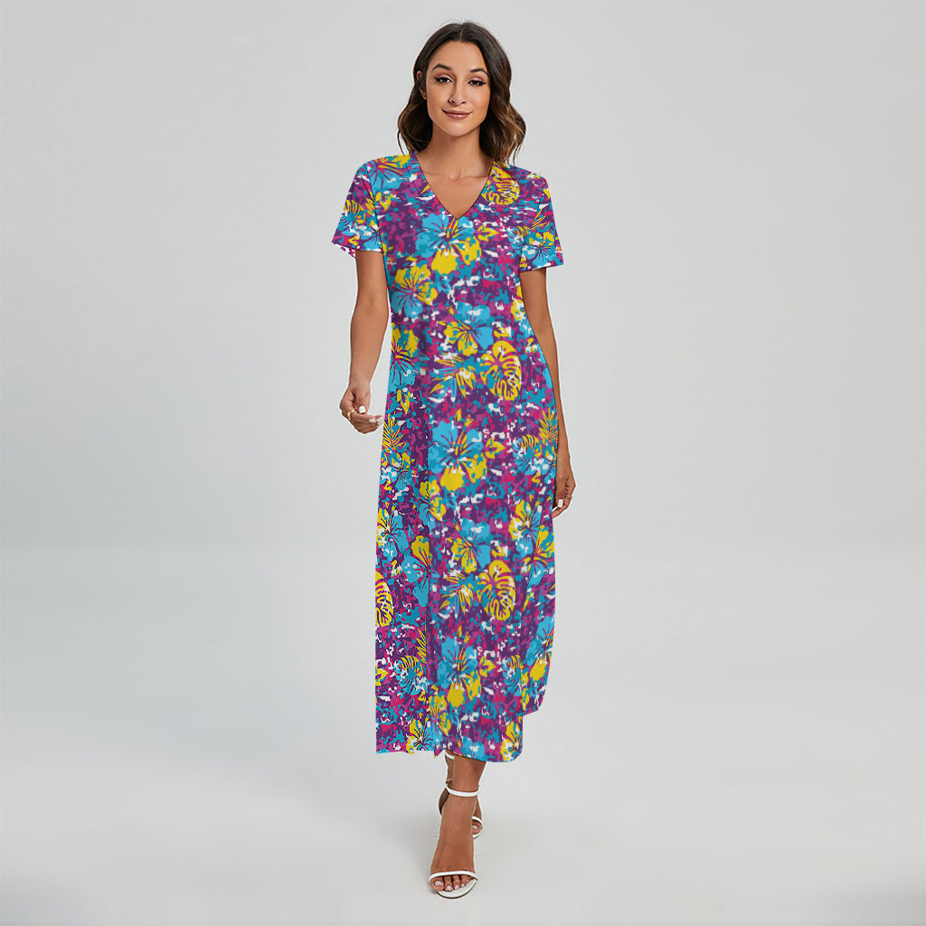 Colorful Aloha Camouflage Flower Print Short Sleeve Maxi Dress