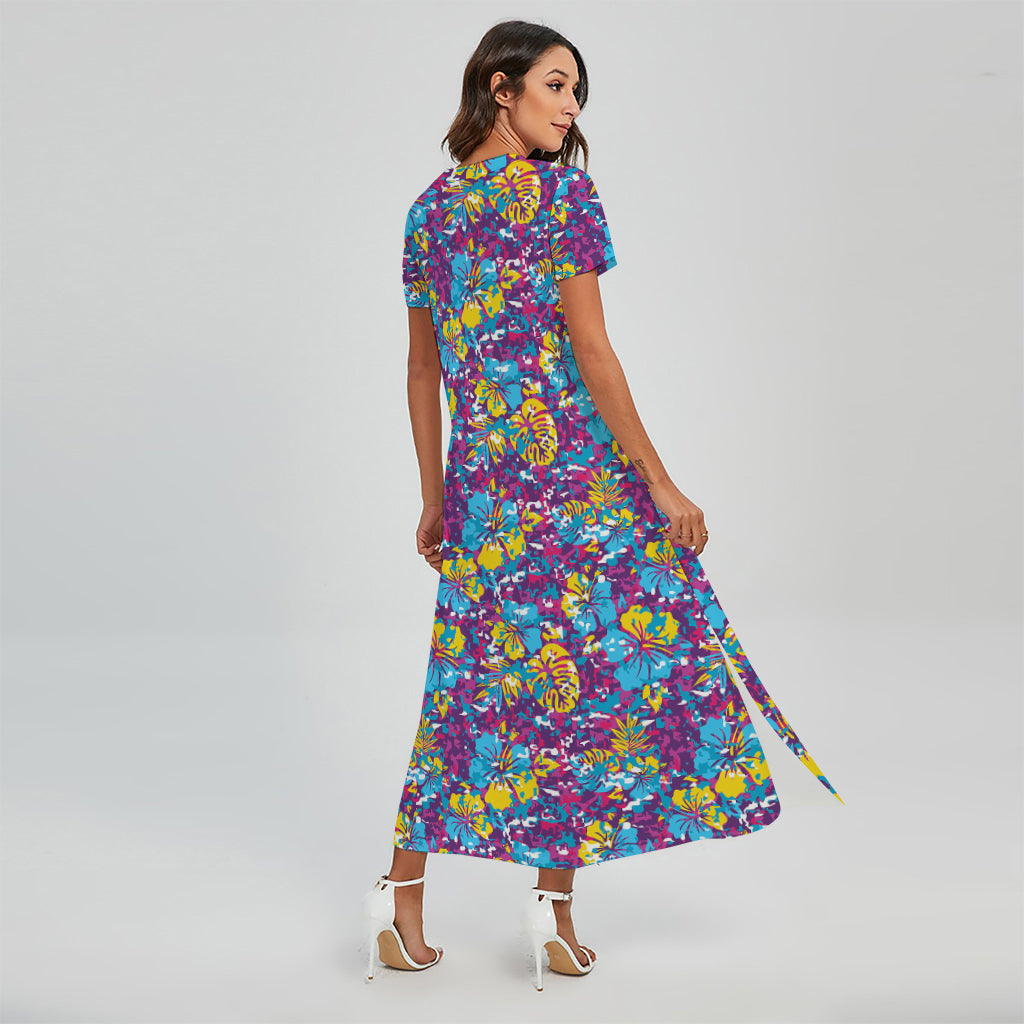 Colorful Aloha Camouflage Flower Print Short Sleeve Maxi Dress