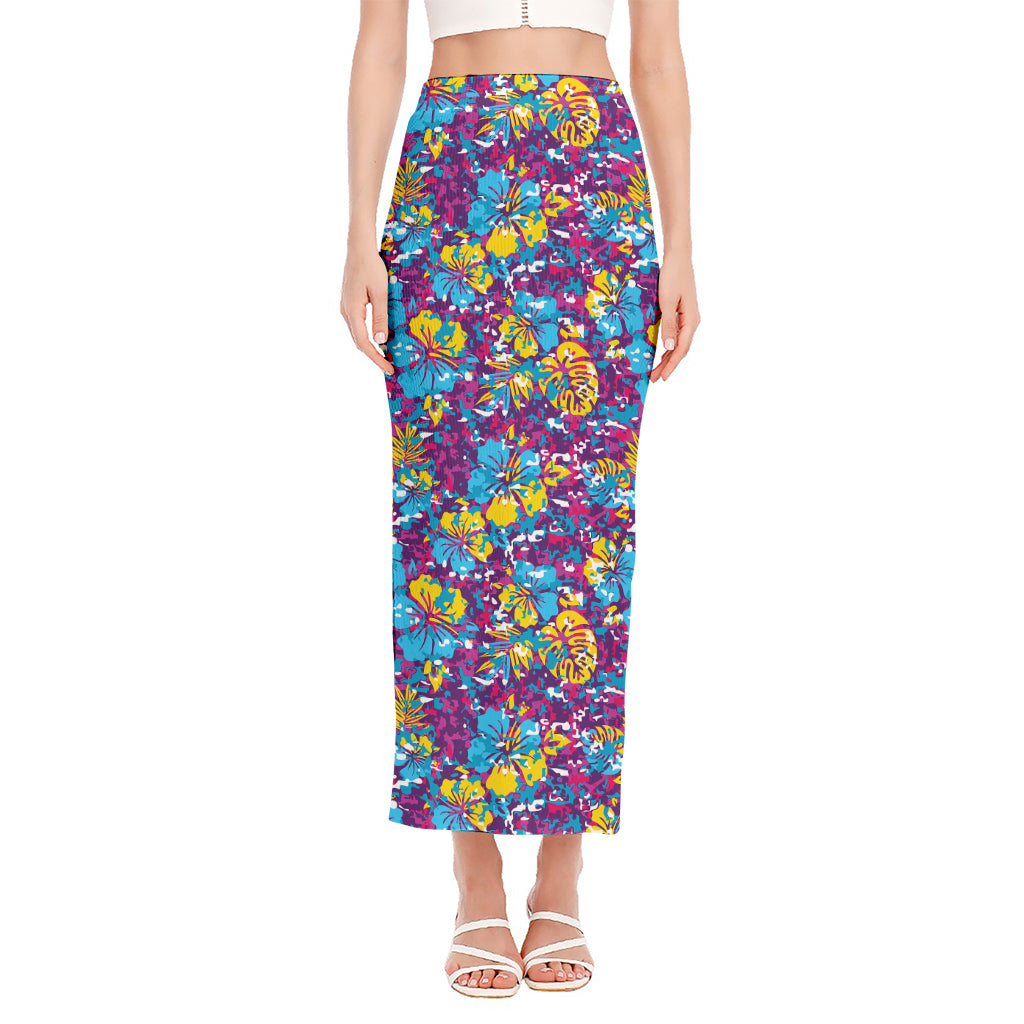 Colorful Aloha Camouflage Flower Print Side Slit Maxi Skirt