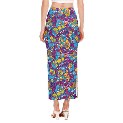 Colorful Aloha Camouflage Flower Print Side Slit Maxi Skirt