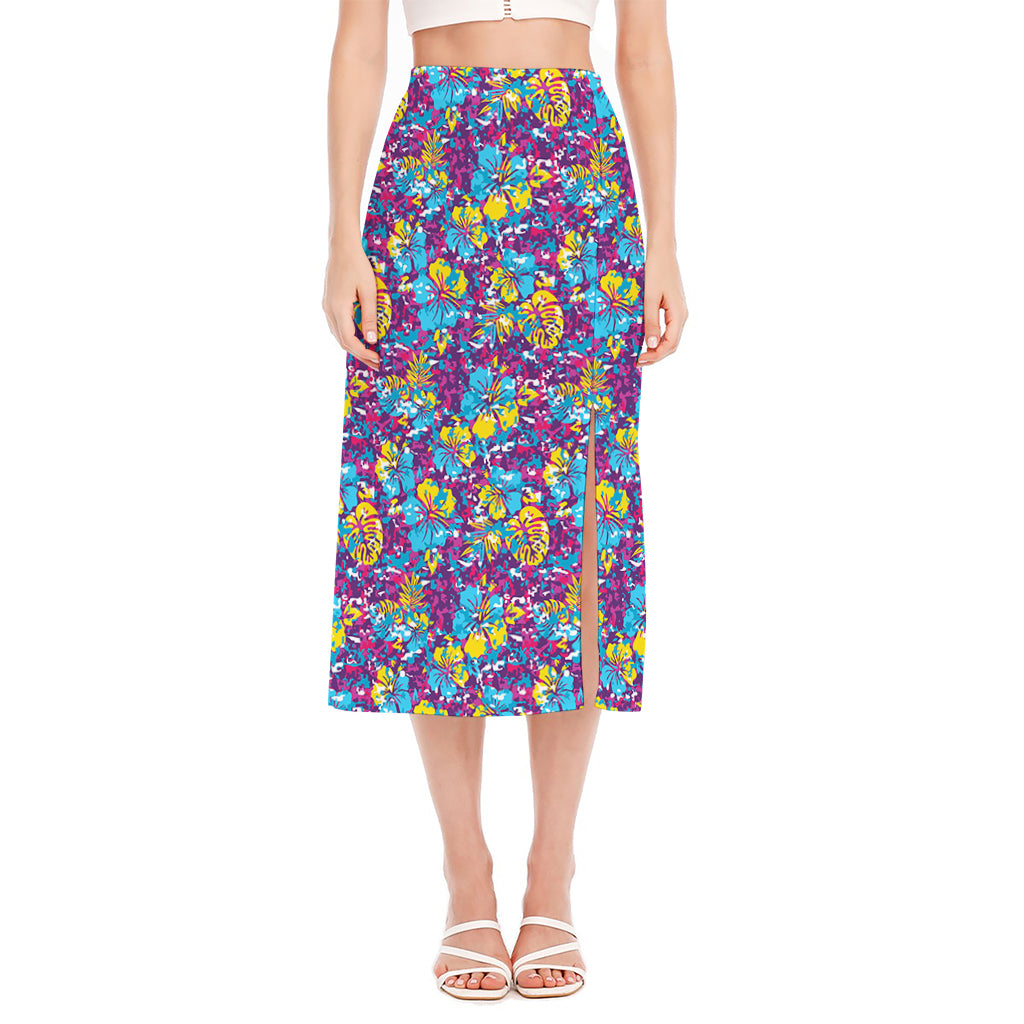 Colorful Aloha Camouflage Flower Print Side Slit Midi Skirt