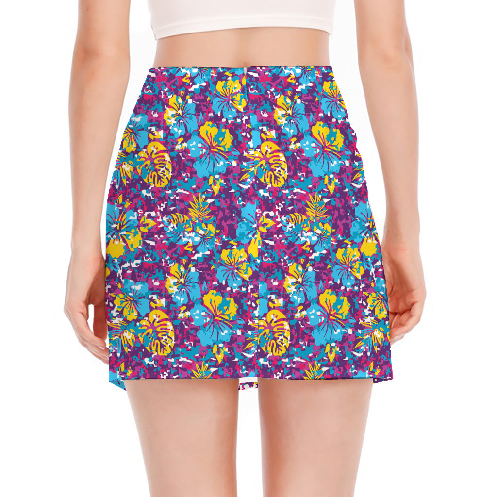 Colorful Aloha Camouflage Flower Print Side Slit Mini Skirt