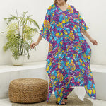 Colorful Aloha Camouflage Flower Print Silk V-Neck Kaftan Dress