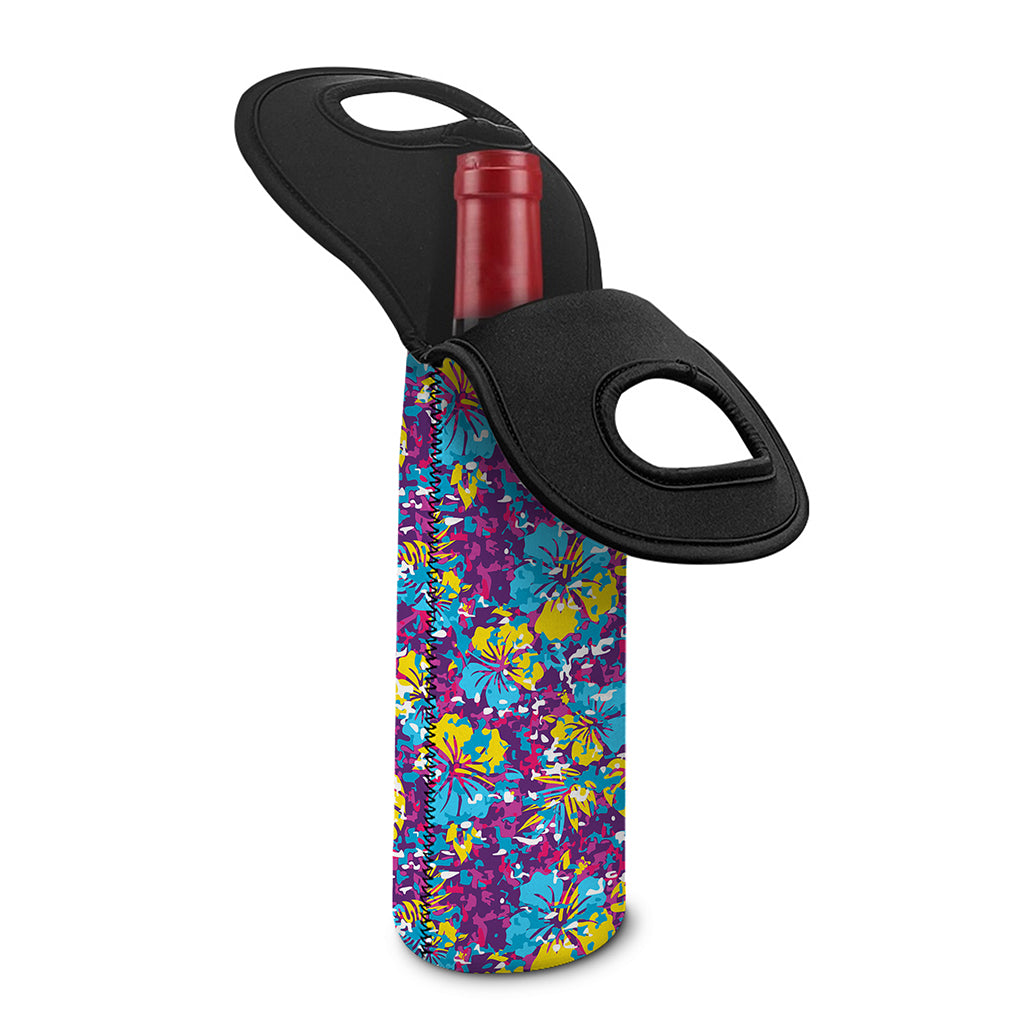 Colorful Aloha Camouflage Flower Print Single Neoprene Wine Tote