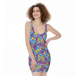 Colorful Aloha Camouflage Flower Print Sleeveless Bodycon Dress