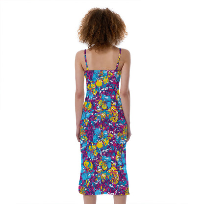 Colorful Aloha Camouflage Flower Print Slim Fit Midi Cami Dress