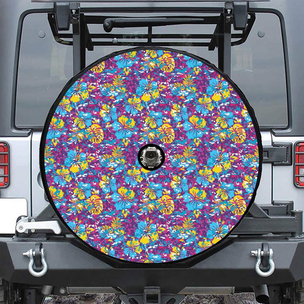 Colorful Aloha Camouflage Flower Print Tire Cover With Camera Hole