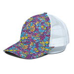 Colorful Aloha Camouflage Flower Print White Mesh Trucker Cap