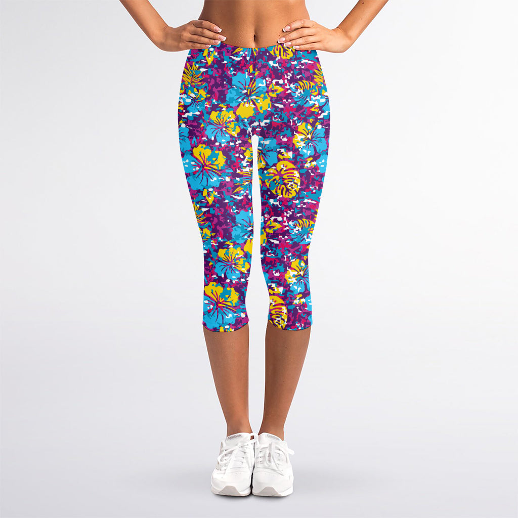 Colorful Aloha Camouflage Flower Print Women's Capri Leggings