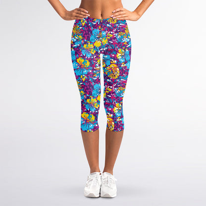 Colorful Aloha Camouflage Flower Print Women's Capri Leggings