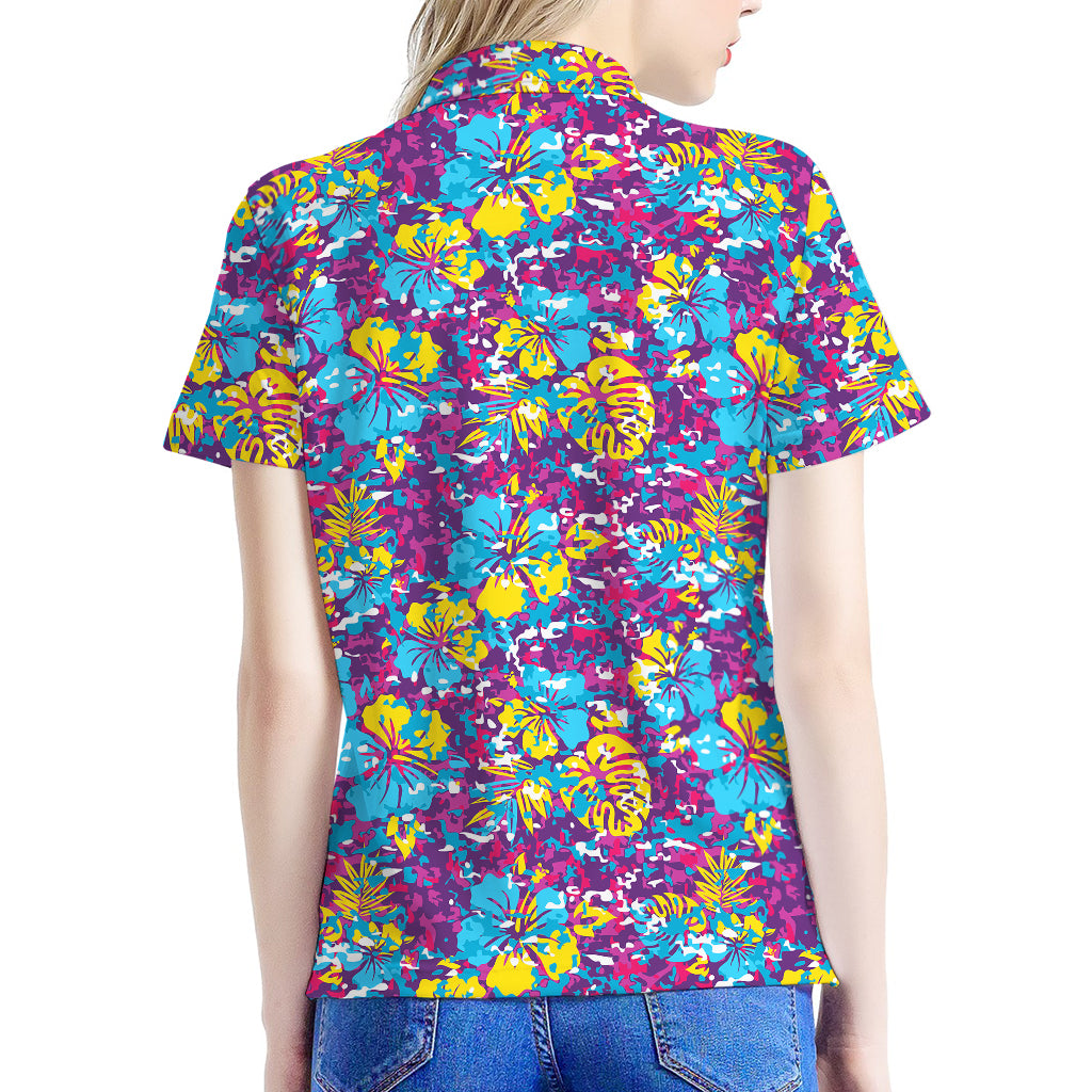 Colorful Aloha Camouflage Flower Print Women's Polo Shirt