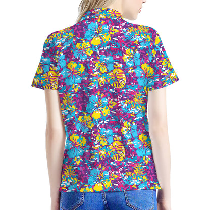 Colorful Aloha Camouflage Flower Print Women's Polo Shirt