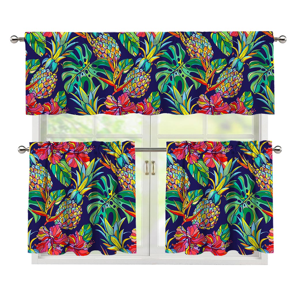 Colorful Aloha Pineapple Pattern Print 3 Piece Kitchen Curtains