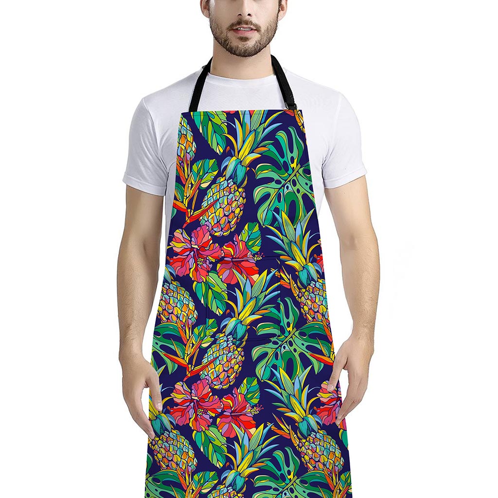 Colorful Aloha Pineapple Pattern Print Bib Apron With Pocket