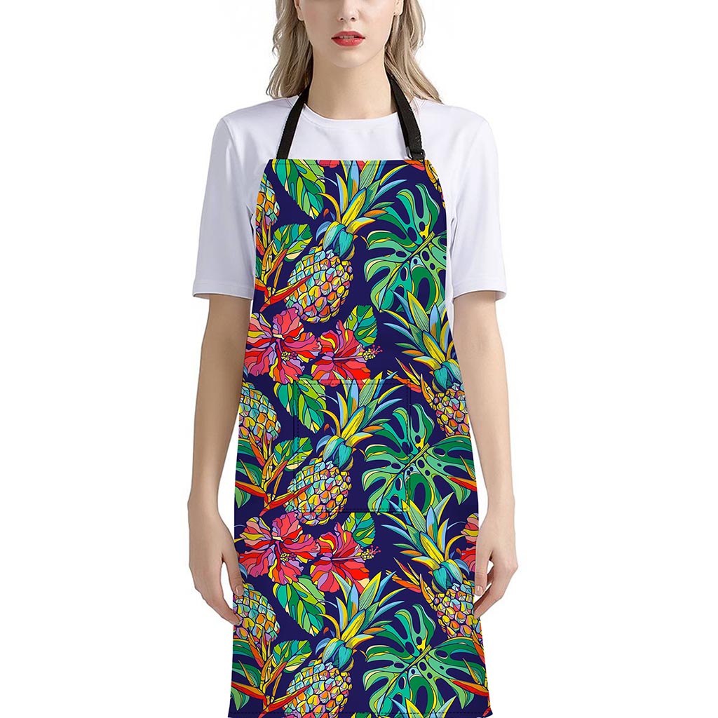 Colorful Aloha Pineapple Pattern Print Bib Apron With Pocket