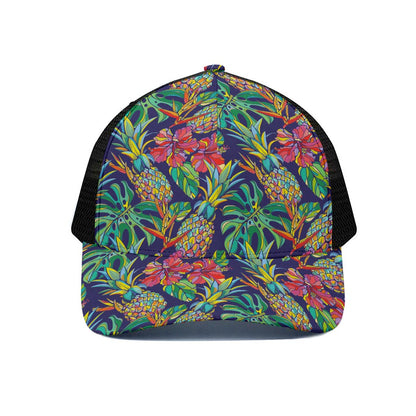 Colorful Aloha Pineapple Pattern Print Black Mesh Trucker Cap