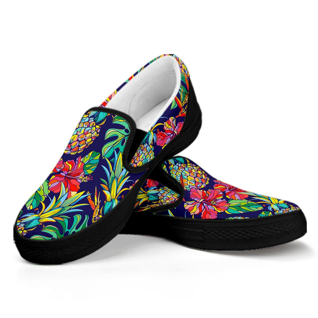 Colorful Aloha Pineapple Pattern Print Black Slip On Sneakers