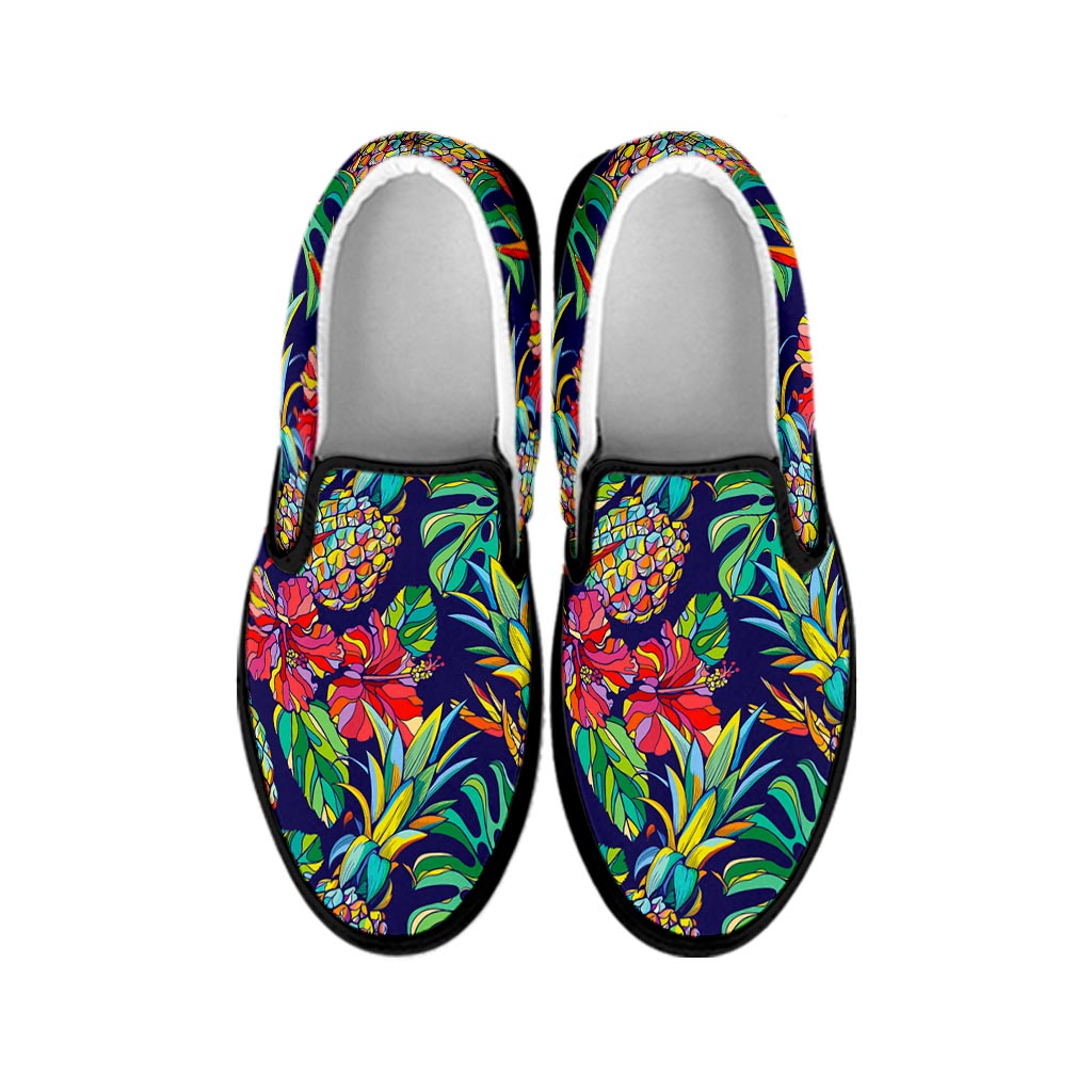 Colorful Aloha Pineapple Pattern Print Black Slip On Sneakers