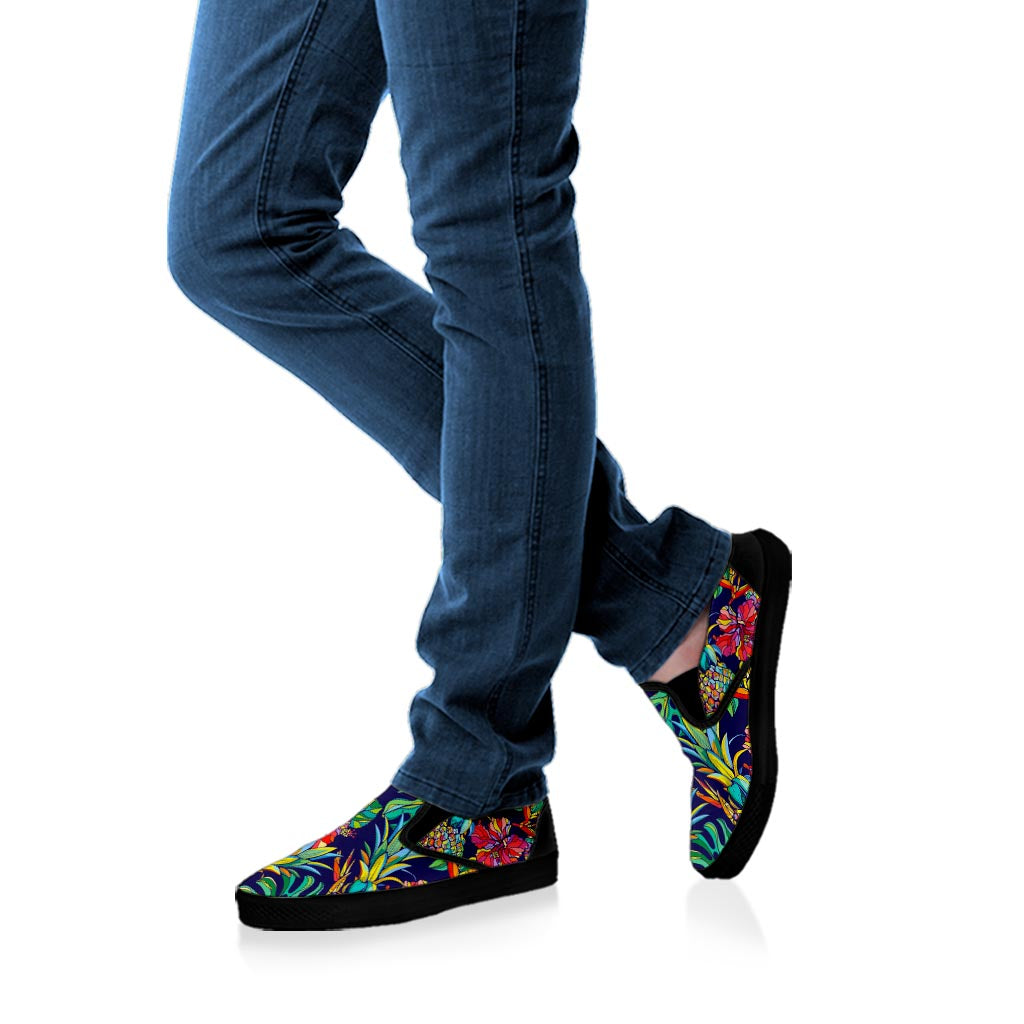 Colorful Aloha Pineapple Pattern Print Black Slip On Sneakers