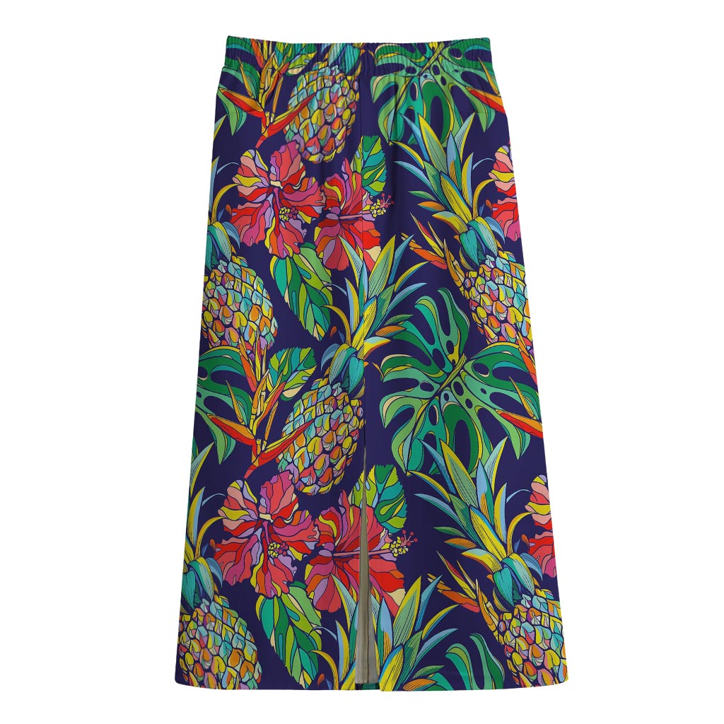 Colorful Aloha Pineapple Pattern Print Cotton Front Slit Maxi Skirt