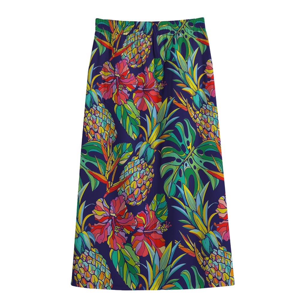 Colorful Aloha Pineapple Pattern Print Cotton Front Slit Maxi Skirt