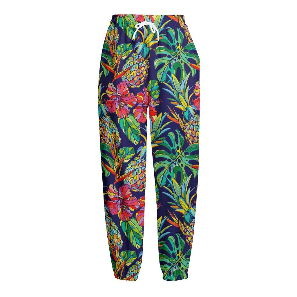 Colorful Aloha Pineapple Pattern Print Fleece Lined Knit Pants