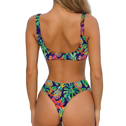 Colorful Aloha Pineapple Pattern Print Front Bow Tie Bikini