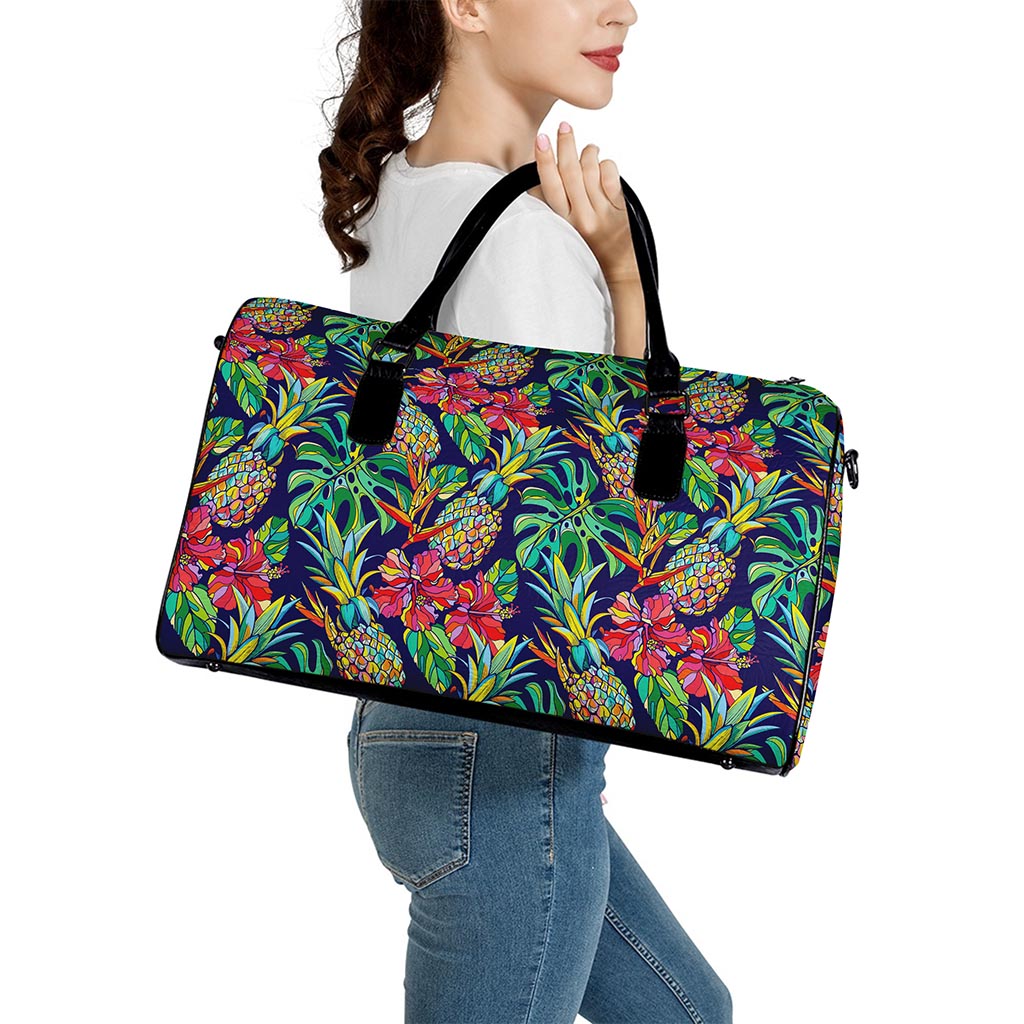 Colorful Aloha Pineapple Pattern Print Leather Duffle Bag