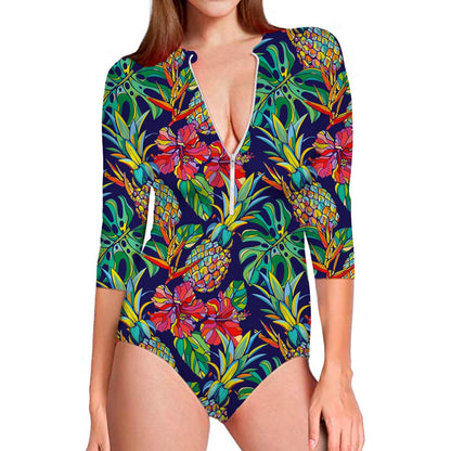 Colorful Aloha Pineapple Pattern Print Long Sleeve Swimsuit