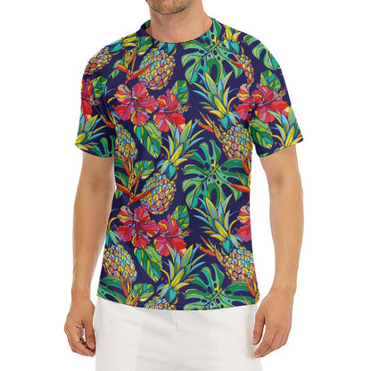 Colorful Aloha Pineapple Pattern Print Men's Short Sleeve Rash Guard