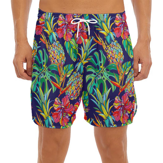 Colorful Aloha Pineapple Pattern Print Men's Split Running Shorts